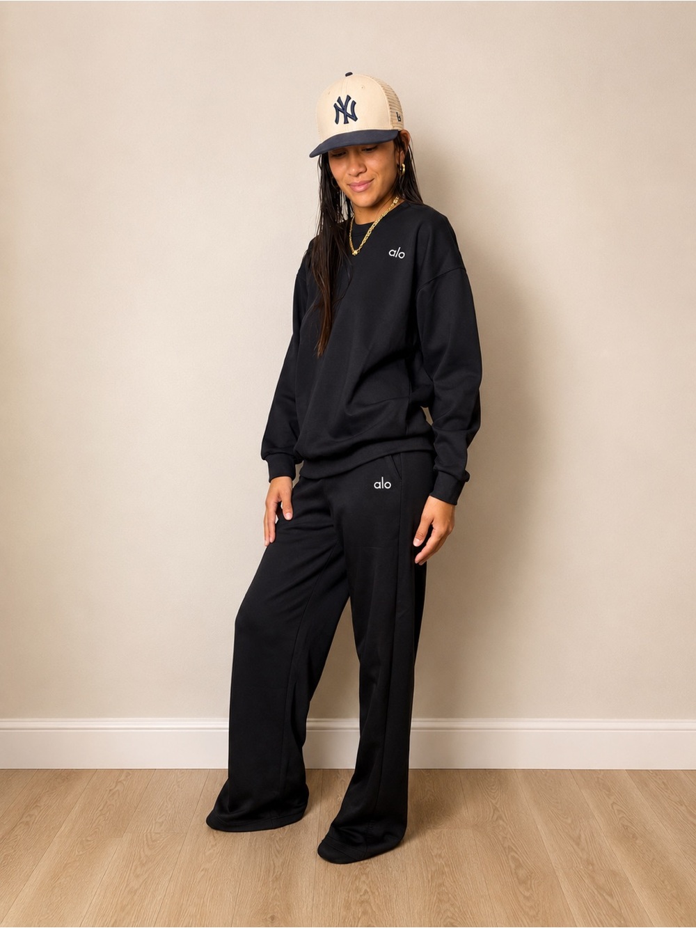 ALO Yoga Black Wide-Leg Lounge Pants with Subtle Logo
